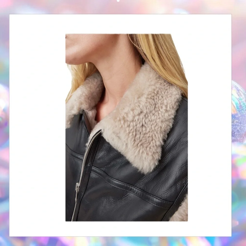 AllSaints Zep Genuine Shearling Black Leather Moto Vest Size S NWT